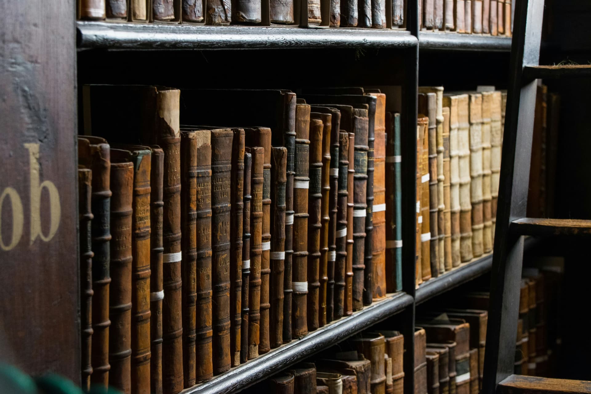 Rows of worn leather-bound books on the shelves of an old library, with a wooden ladder at the right